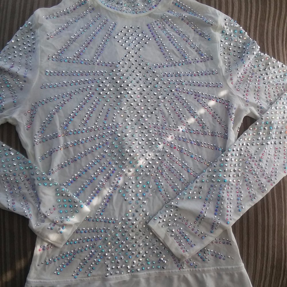 WHITE BLING-BLING BODY SUIT; SHEER; RHINESTONES